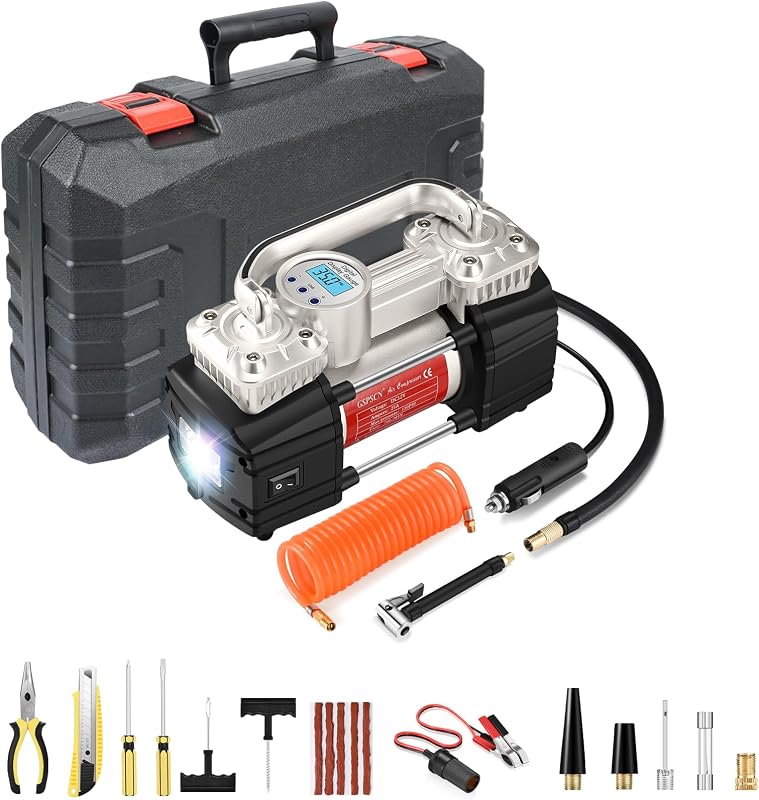 Inflador digital de neumáticos de alta resistencia de 12 V, bomba de compresor de aire portátil | con caja de herramientas, kit de reparación de neumáticos, inflado 6 veces más rápido, apagado automático, bomba de aire de doble cilindro, 150 psi para automóvil, camioneta, SUV,bolas
