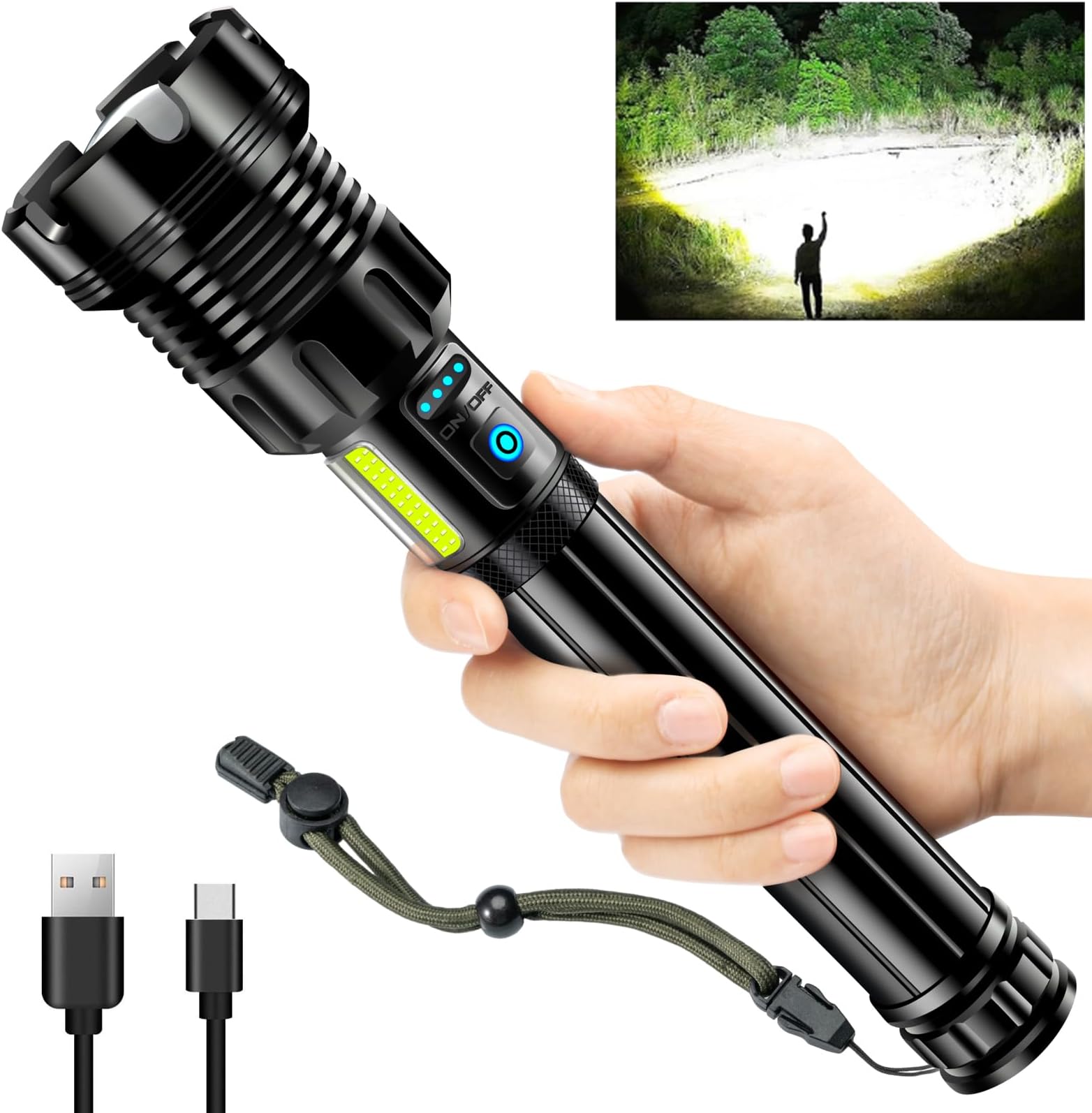 ANKRA 990000 High Lumens Flashlights Rechargeable with COB Work Light Super Bright LED Flashlight Zoomable&14 Modes &Waterproof Tactical Flashlight for Emergencies,Camping,Hiking,Outdoor,Indoor