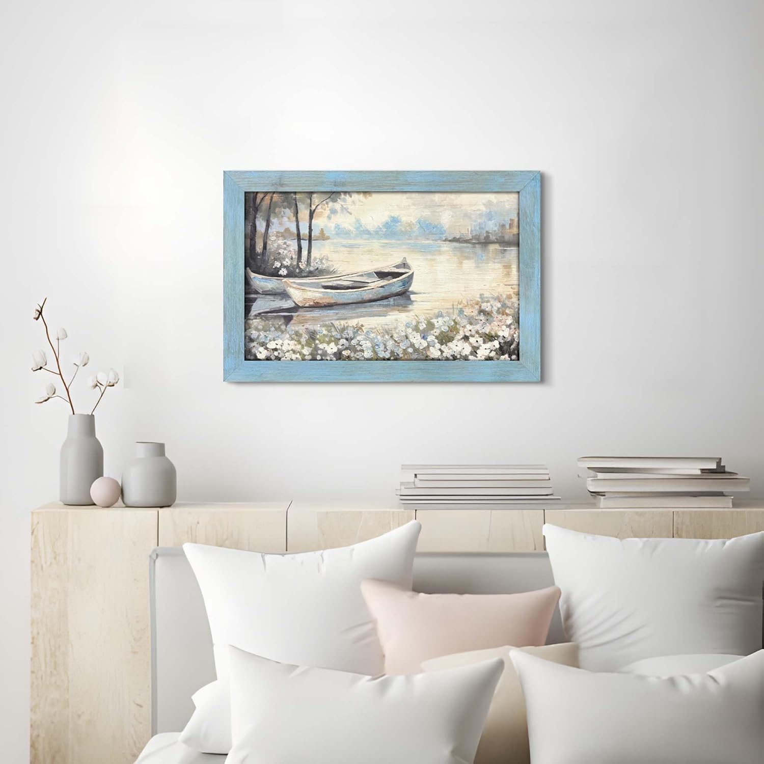 Landscape Painting Framed Wall Art - Rustic Lake Scenery Wooden Decor Natural River Picture Countryside Artwork for Bedroom