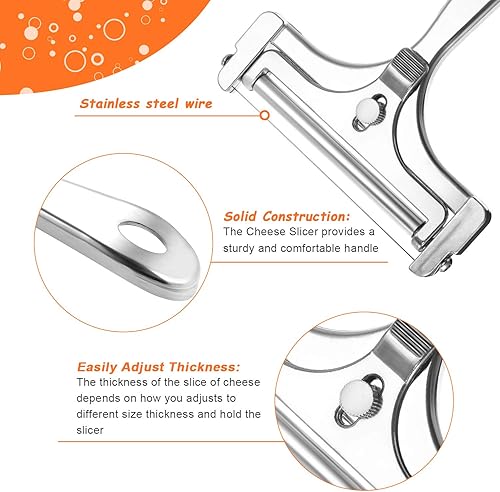 Miniatura 10 de Paquete de 2 rebanadoras de queso de alambre ajustables de acero inoxidable con grosor de acero inoxidable, cortador de queso de repuesto,