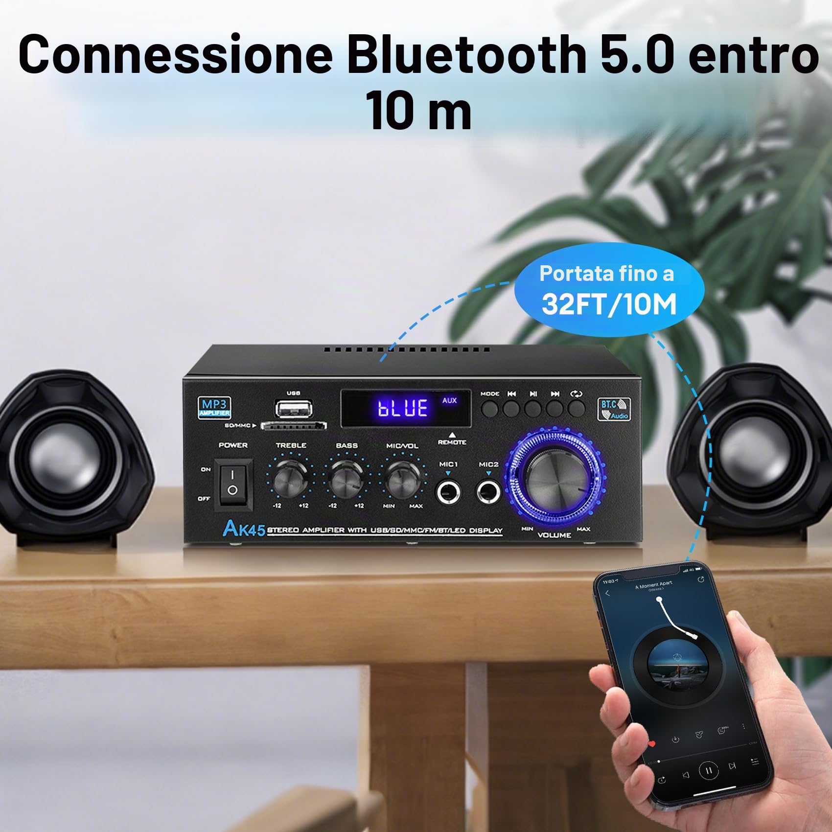 KKMOL Amplificatore HiFi Stereo AK45 - Bluetooth 5.0, Telecomando, 12 V/220 V 400W 2 Canali Amplificatore Audio, Radio FM Portatile, Scheda SD Card/USB, per la casa o per l'auto