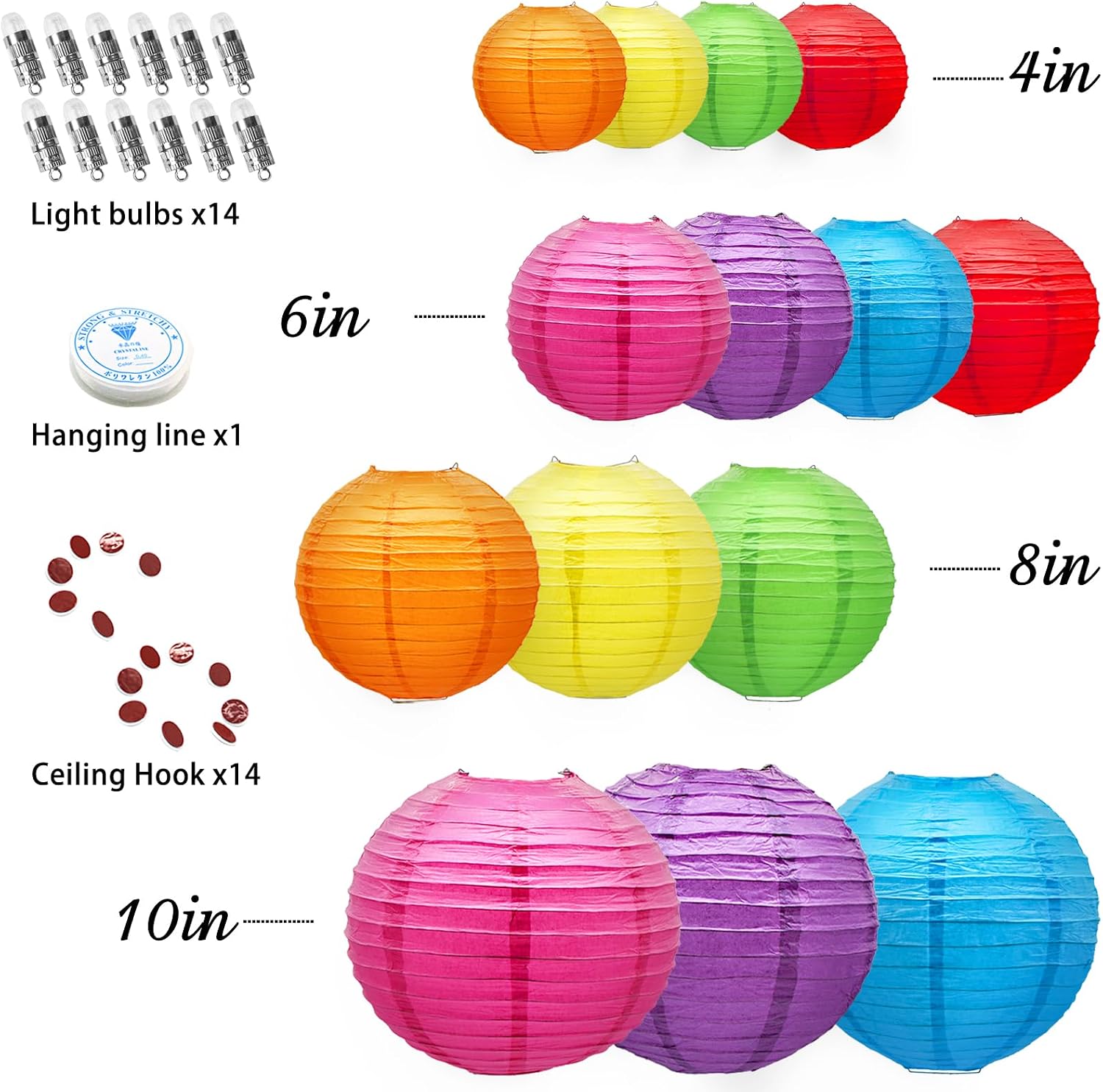 14 Pack Paper Lanterns with Lights, Colorful Party Decorations | Rainbow Chinese Hanging Decor for Mexican Fiestas, Baby Showers, Birthday, Wedding Anniversaries