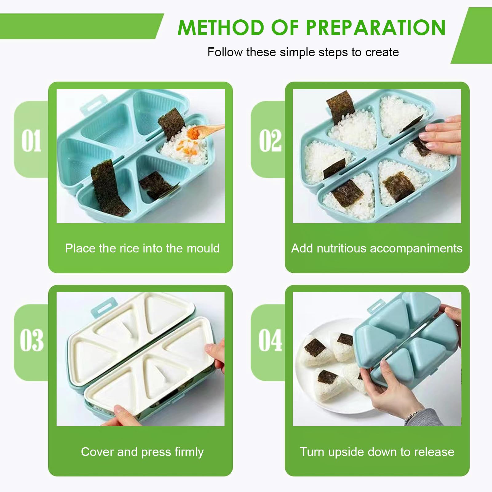 Stampo per Onigiri e Portavivande, 6 in 1 Stampo Sushi Triangolare per 6 Onigiri, Sushi Maker e Scatola di Conservazione, per Pranzo, Picnic e Feste