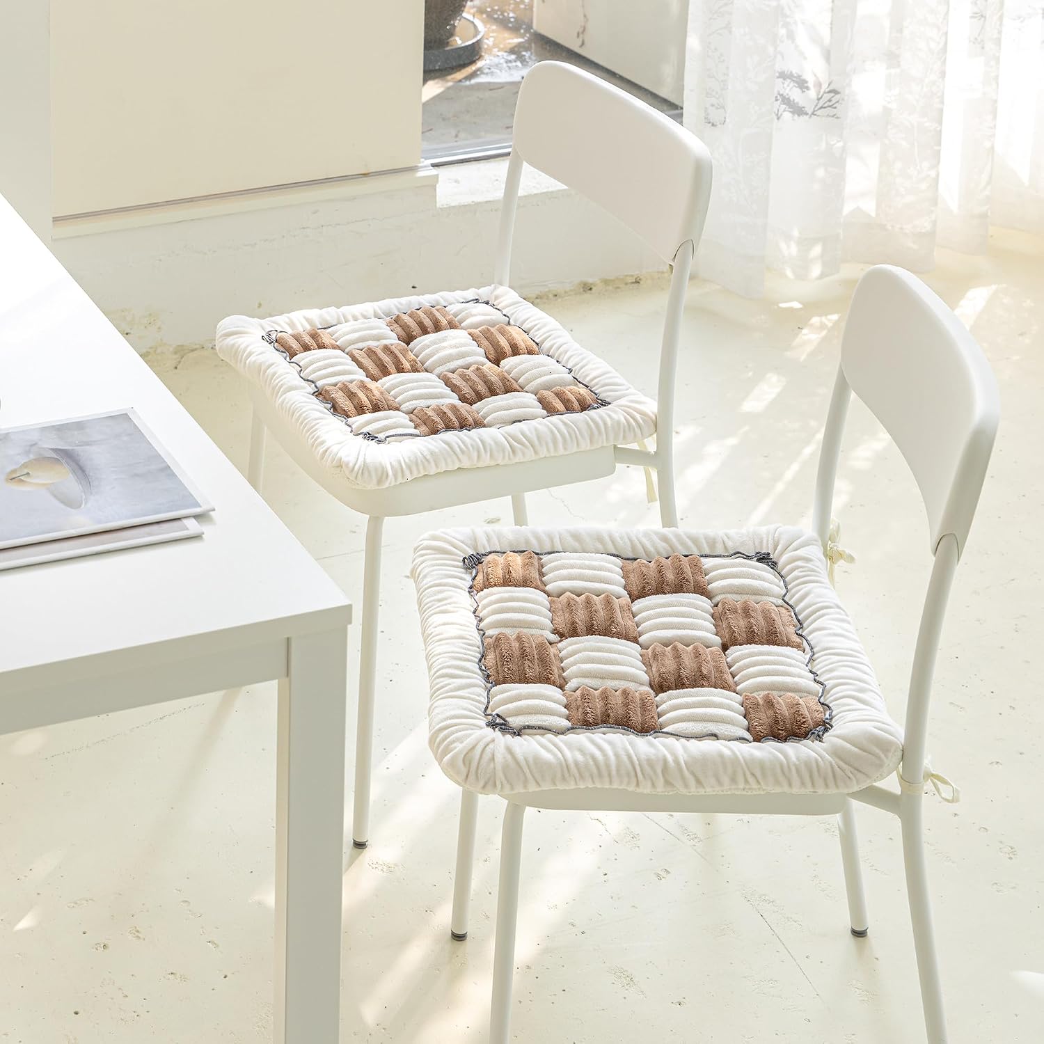 Chair Cushions for Dining Chairs Set of 4, Washable Seat Cushions for Kitchen Chairs, Plush Chair Pads with Ties and Non Slip Backing (4, Brown&White, 16" x 16" x 1.5")