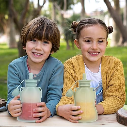 Miniatura 6 de Bolsas reutilizables de comida para bebés con pajitas, paquete de 4 bolsas recargables de silicona exprimibles para niños pequeños, sin BPA,