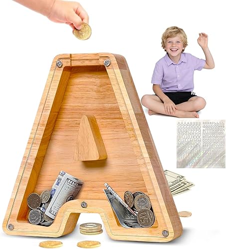 Alcancía de madera personalizada con letras del alfabeto, para niños y niñas, tamaño grande, 26 alfabetos, banco de dinero con nombre personalizado,