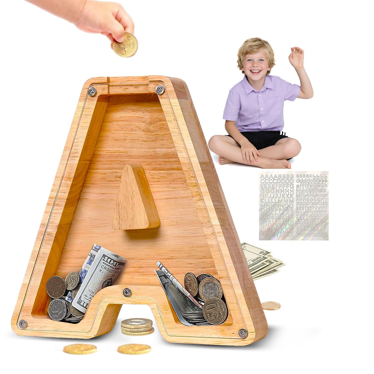 Personalized Wooden Letter Piggy Bank Alphabet Letter Coin Bank for Kids Boys Girls Toddler Large 26 Alphabet Money Bank Custom Name Transparent