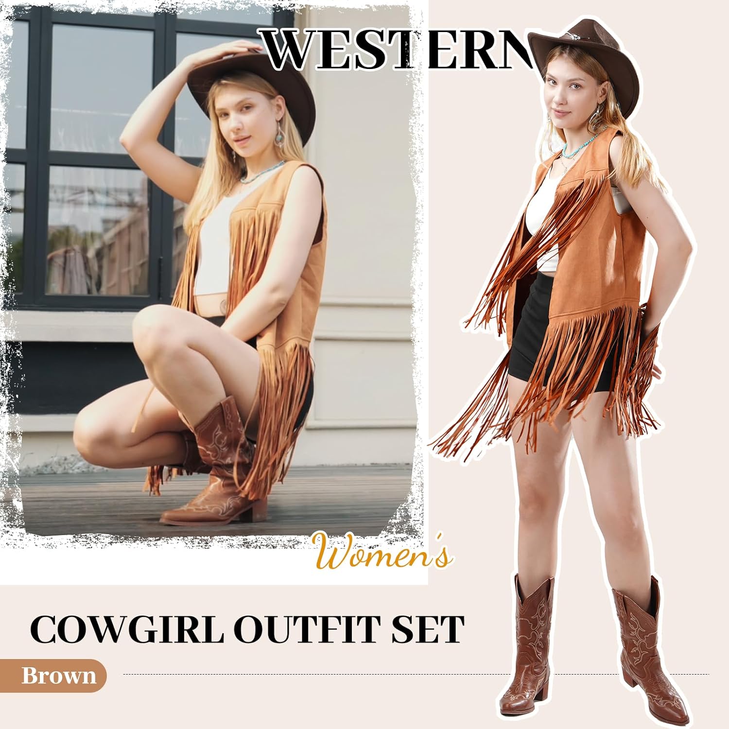 Western Outfits for Women，7pcs Fringe Vest Cowboy Hat Cowgirl Costume Tassels Halloween 70s Costume Set. - Image 2