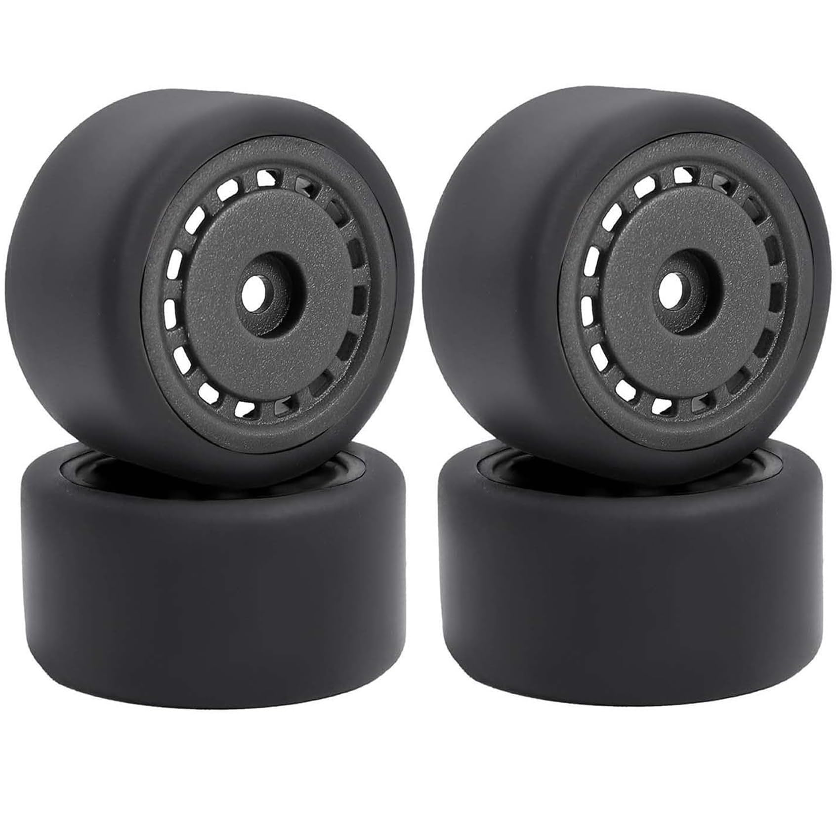 KINGCOO 4PCS Pre-Mounted On-Road Drift Racing Smooth Rubber Tires and Wheel Rims Set 7MM Hex for 1/28 Losi Micro-T WL244016 RC Car Upgrades Parts (Black)