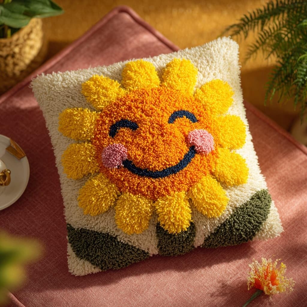 AxiangziK Latch Hook Pillow Kit for Adults,Smiling Sunflower Latch Hook Cushion Kits 17X17Inch,DIY Needlework Pillow Cover Sofa Cushion Rug Making