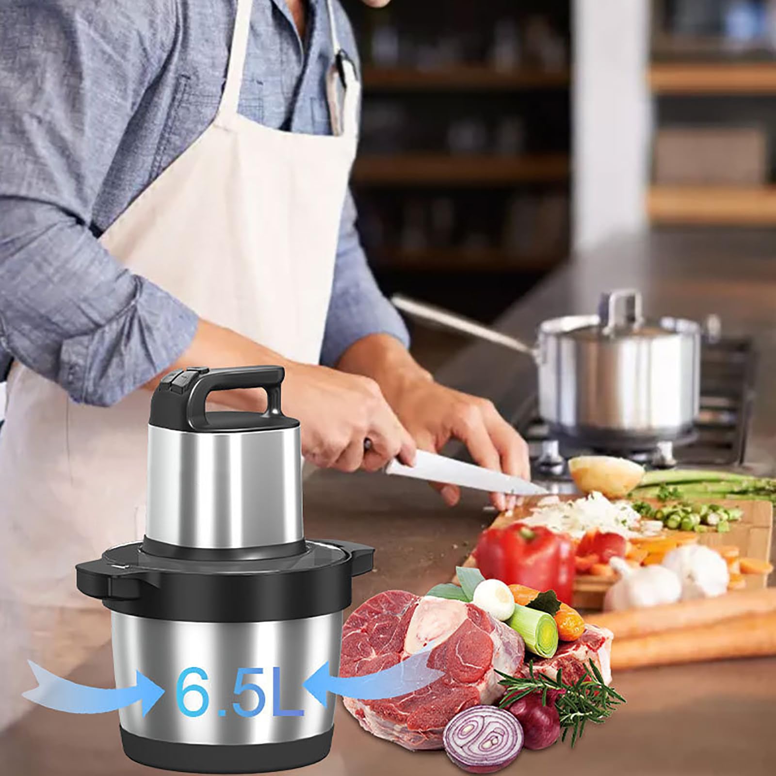 Picadora De Carne DoméStica De 1500W, Picadora De Alimentos, Recipiente De Acero Inoxidable De 6,5L De Capacidad, 3 Engranajes, para Carne, Verduras, Frutas, Nueces, Picadora De Alimentos