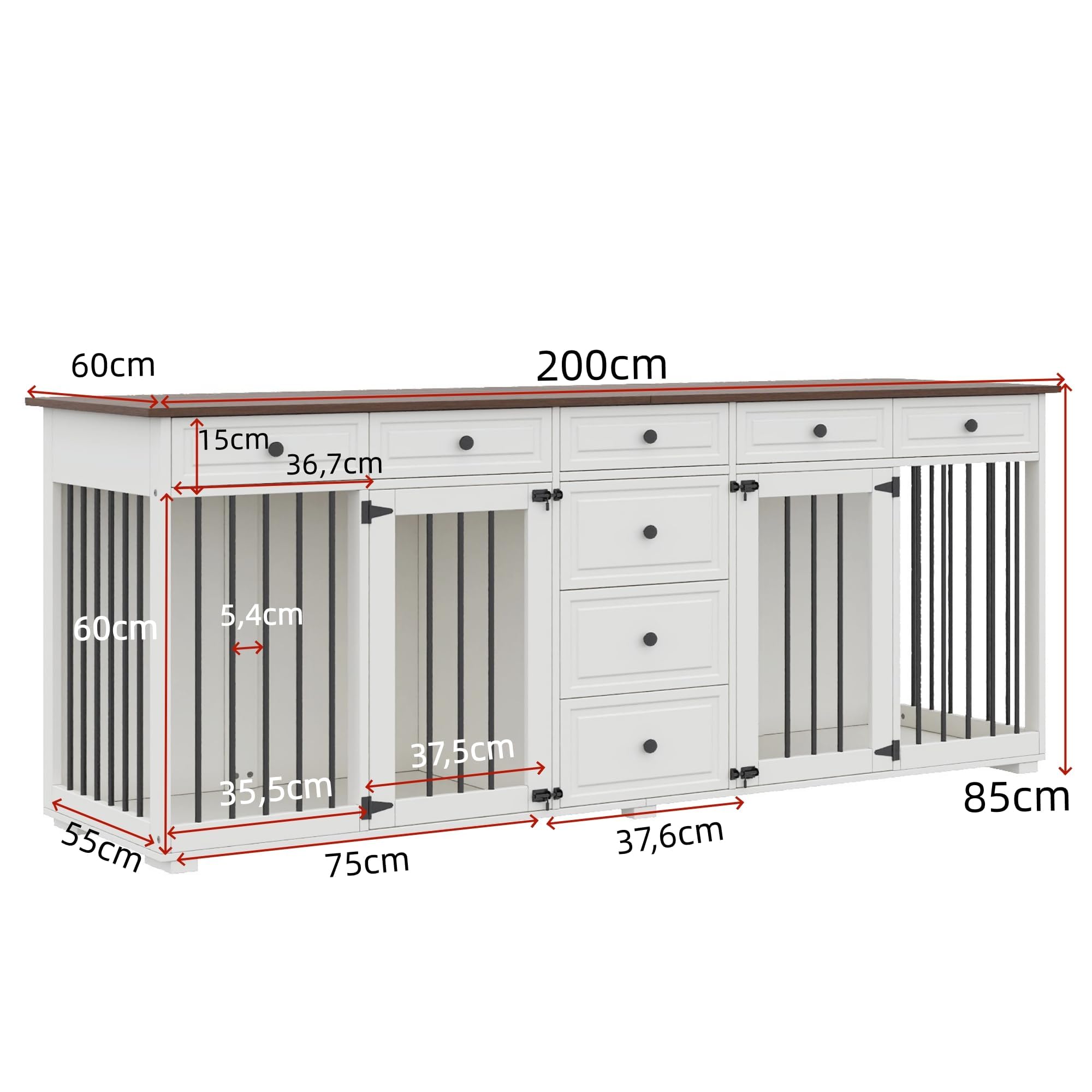 Möbel Hundekäfig TV-Schrank, Doppel-Hundebox mit 8 Schubladen 200x60x85cm