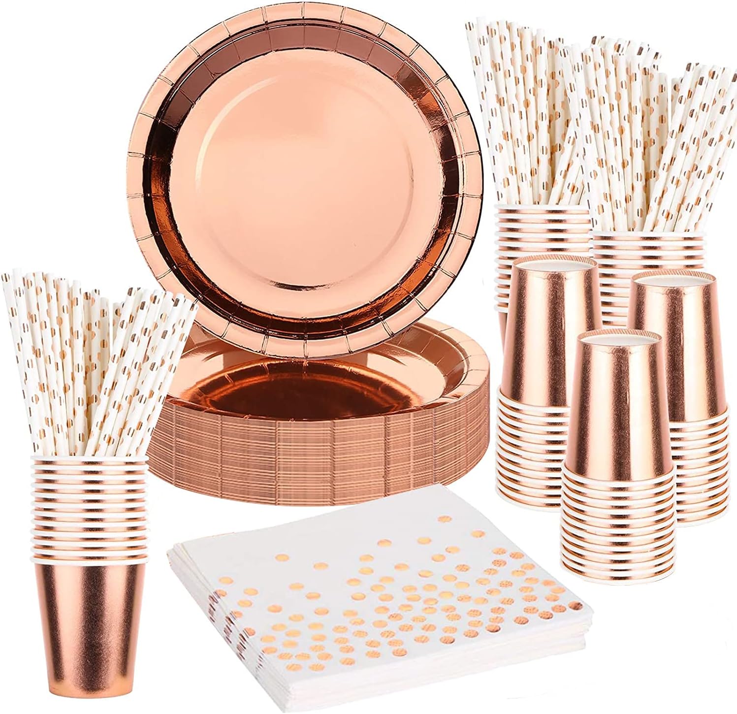 Rorchio Rose Gold Party Tableware, Rose Gold Paper Plates Cocktail Napkins Cups Straws for Birthday Party Supplies Hen Party Decorations （30 Guests）