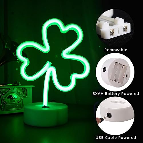 Miniatura 7 de ENUOLI Letreros de neón LED con forma de trébol, luces decorativas verdes, funciona con USBbatería, luces de decoración con base, letrero de neón de