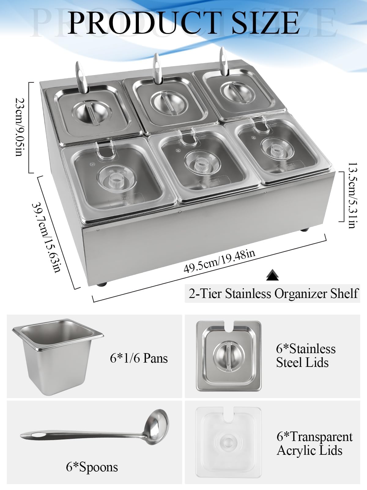 TOROKOM 6 Pfannen Edelstahl Zutatenbehälter Gewürz Organizer aus Edelstahl Salatbar Buffet Station mit Löffeln Kühlboxen Buffet Behälter Set für Soßen Zutaten Küche Restaurant Speisekammer