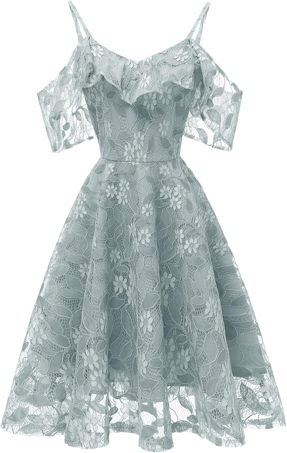 IWEMEK Women Spaghetti Strap Floral Lace Bridesmaid Cocktail Party Dress Cold Shoulder Ruffle Sleeve Wedding Guest Prom Dress