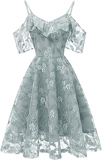 Women Spaghetti Strap Floral Lace Bridesmaid Cocktail Party Dress Cold Shoulder Ruffle Sleeve Wedding Guest Prom Dress - Buy now