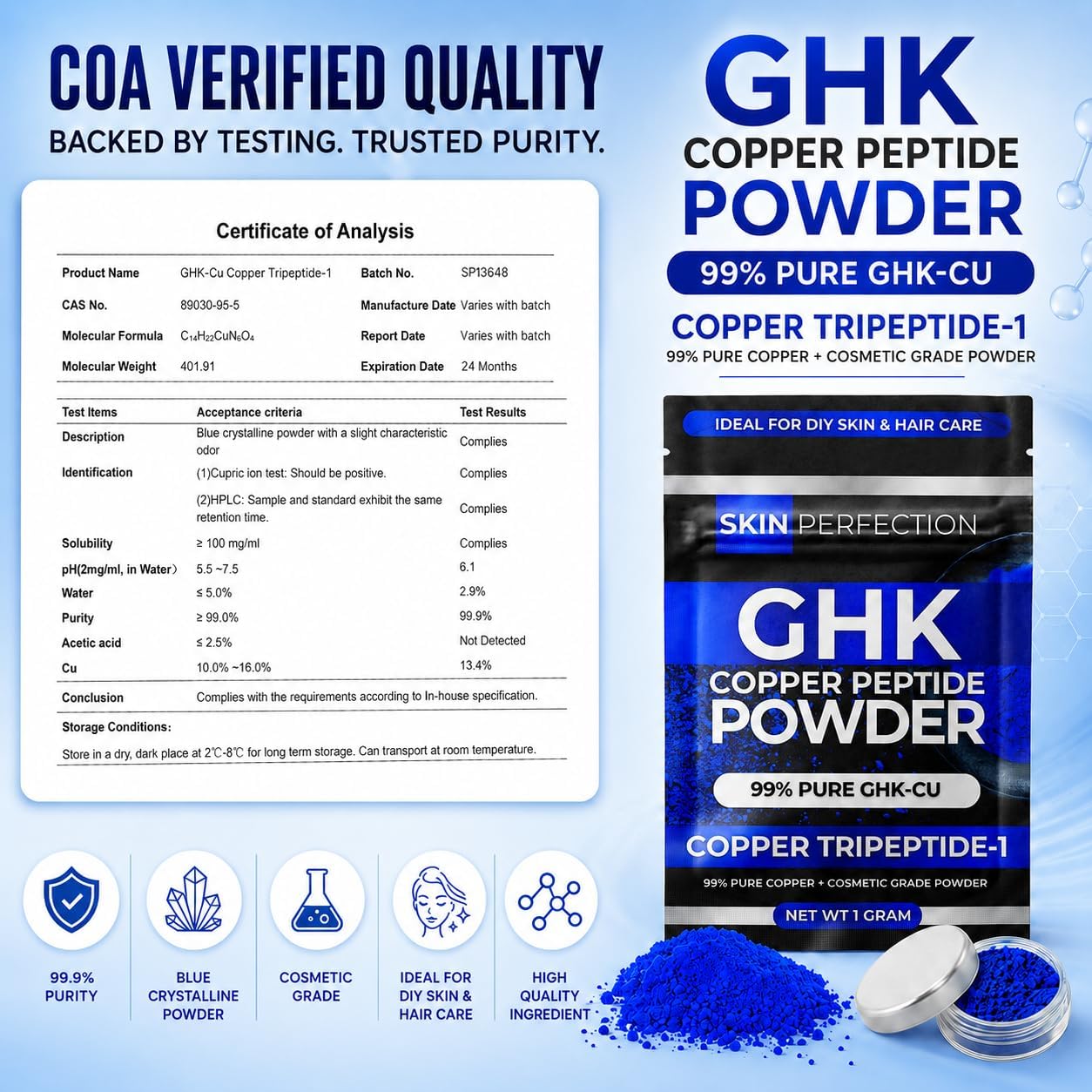 Polvo de péptidos de cobre GHK-Cu 99.7% puro, 0.04 oz hace 3.4 fl oz - perfección de la piel