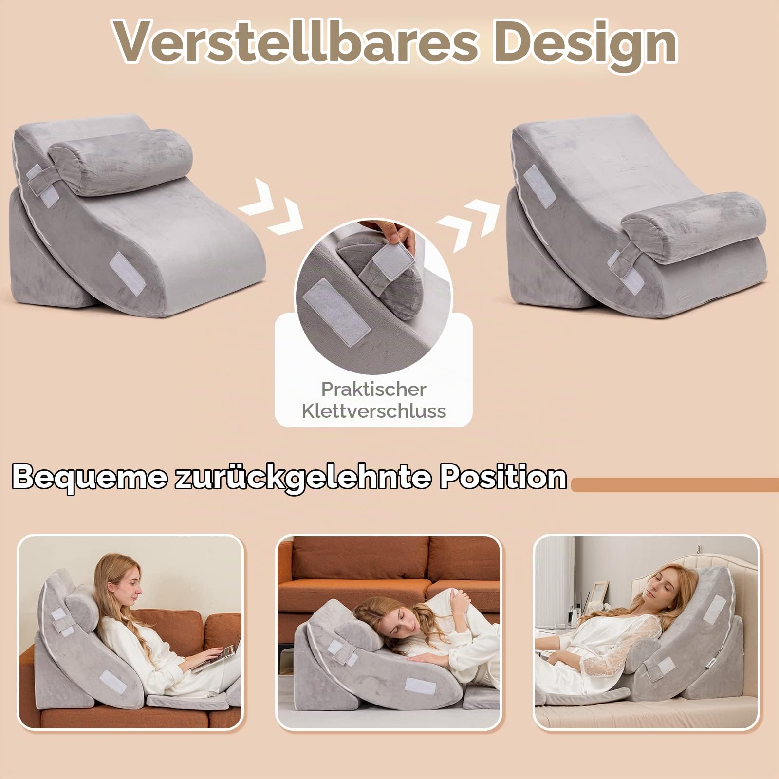 COSTWAY 6-teiliges orthopädische Kissen-Set, Memory-Schaum-Keilkissen mit Abnehmbarer Kopfstütze, bequemes und verstellbares Lesekissen Bettkeilkissen Rückenstützkissen zum Schlafen und Lesen