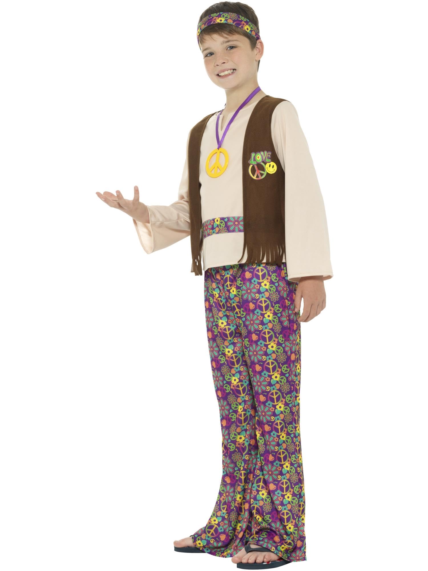 SMIFFYS Costume Hippie, da ragazzo, multicolore, con top, gilet attaccato, pantaloni, medaglia