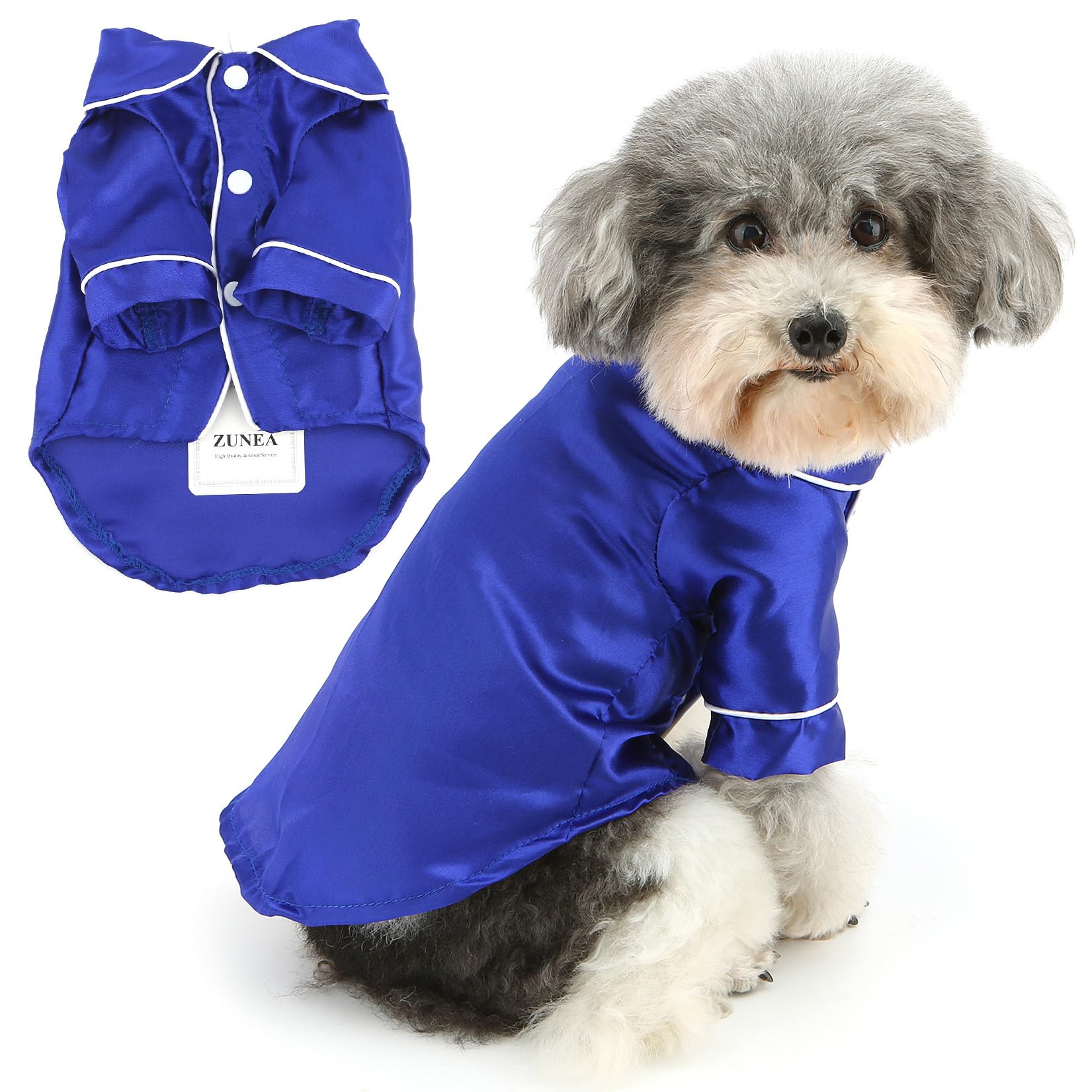 Zunea Small Dog Pyjamas Shirts for XS/S Size Dogs Soft Faux Silk Lapel Puppy Pajamas T Shirt Sleepwear Clothes Two-Legged Indoor Pjs Outfits Chihuahua Yorkie Pet Holiday Party Apparel Blue S