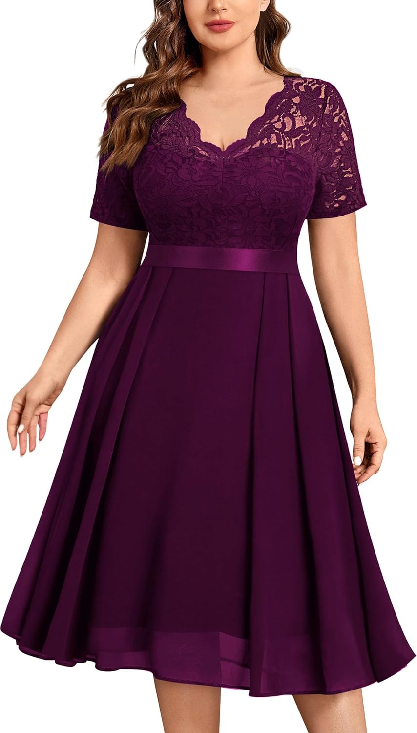 MISSMAY Women's Plus Size Lace Contrast Chiffon V Neck Flowy Cocktail Wedding Guest Midi Dress
