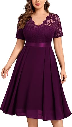 MISSMAY Women's Plus Size Elegant V-Neck Short Sleeve Lace Chiffon Ceremony Cocktail Party Dress