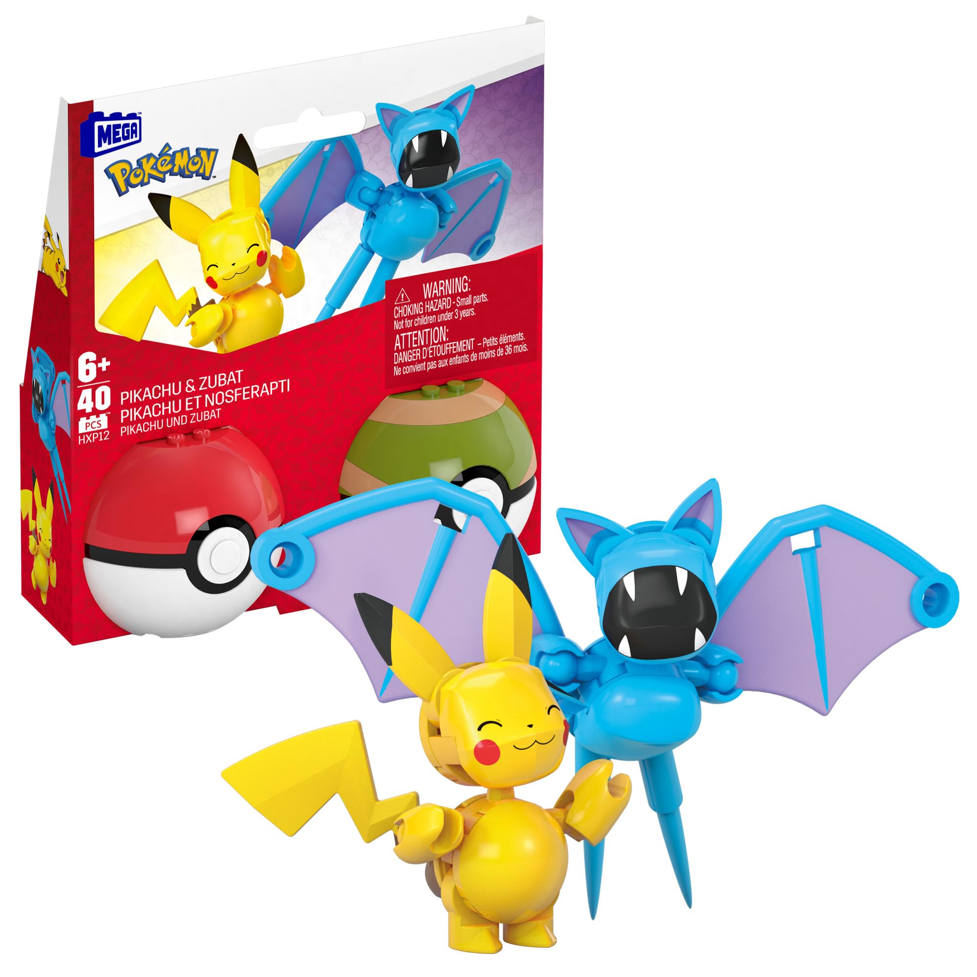 MEGA Pokémon - Set Poké Balls con Pikachu e Zubat, set da costruire con 40 pezzi, apri le Poké Balls e costruisci i 2 personaggi Pokémon inclusi, giocattolo per bambini, 6+ anni, HXP12