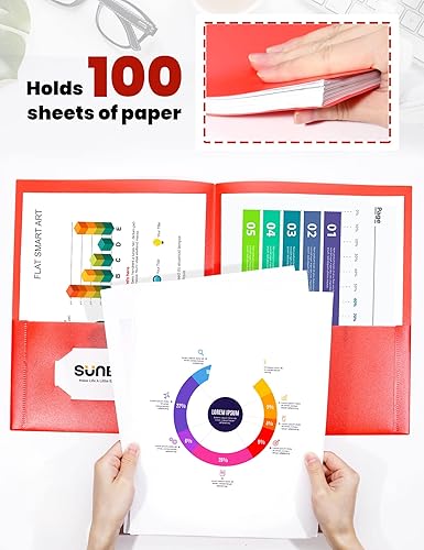 Miniatura 4 de SUNEE Carpetas de plástico de alta resistencia con 2 bolsillos (paquete de 24 unidades, color rojo) para papel tamaño carta de 8.5 x 11 pulgadas,