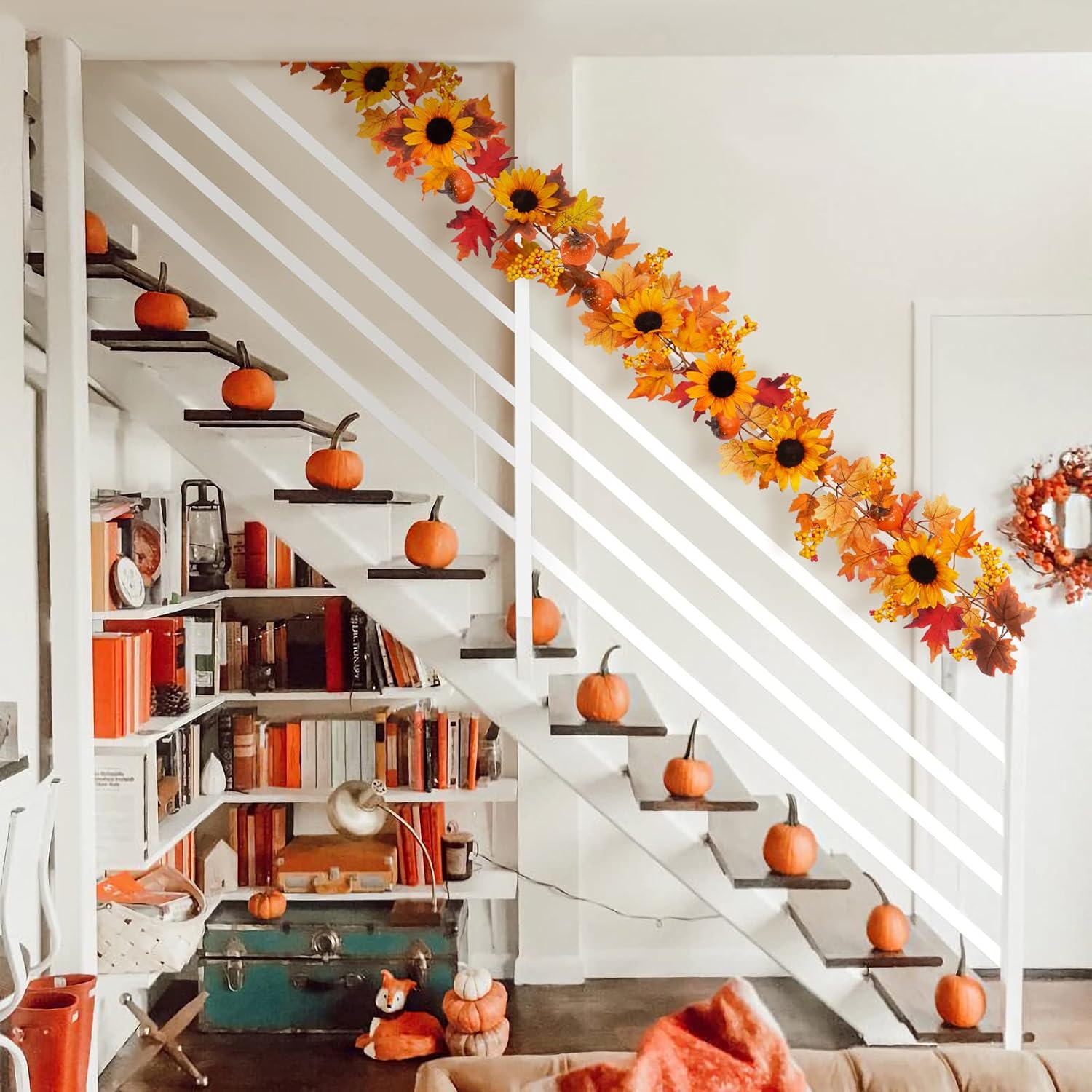 Sunm Boutique 6 Ft Artificial Maple Leaf, Berries Sunflower Pumpkin Garland, Fall Maple Leaf Garland, Sunflower Pumpkin Decor Hanging Vine Decor Autumn Fall Wedding Party Thanksgiving Home Decor
