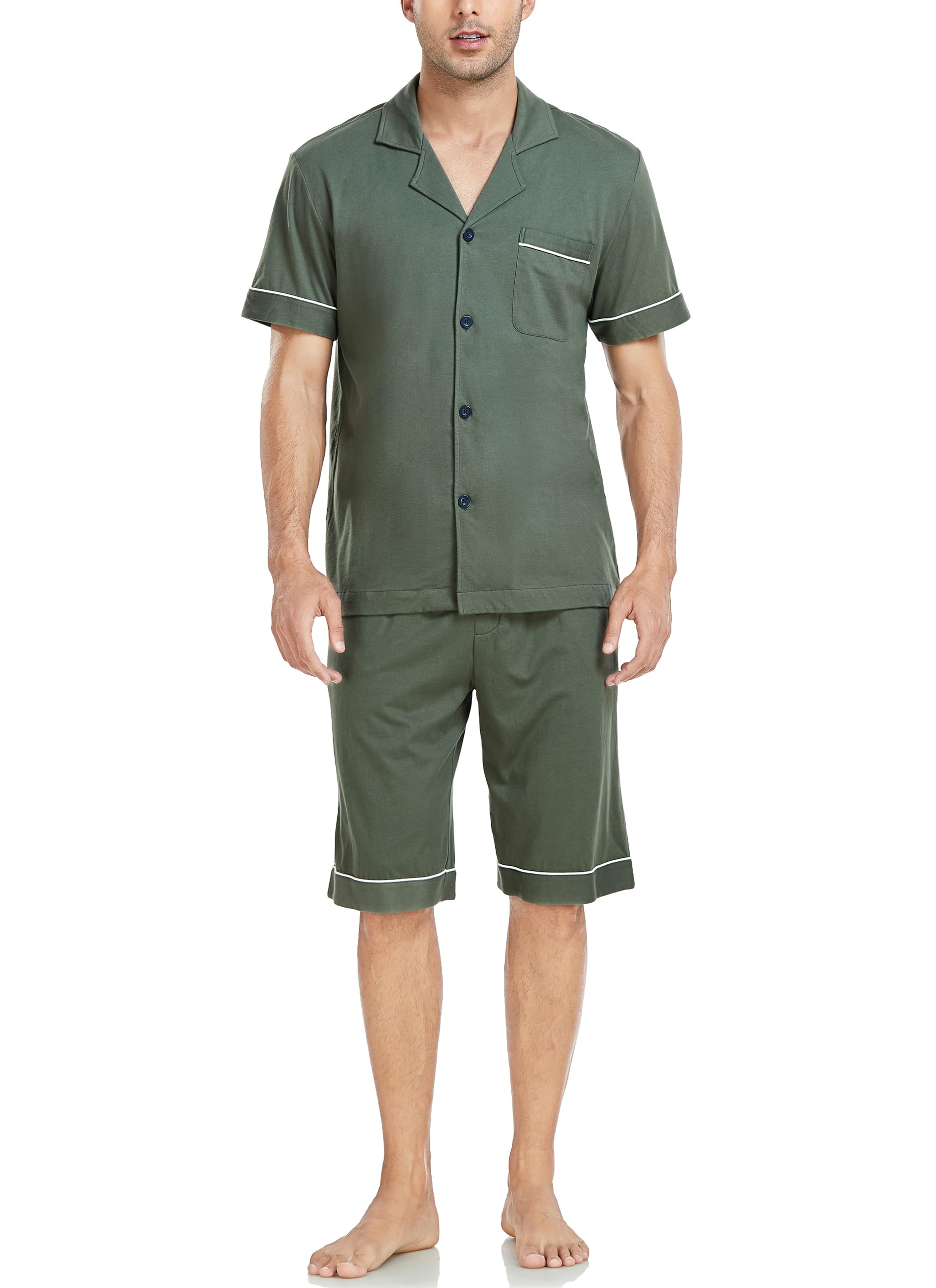 EA'S SECRET Schlafanzug Herren Kurz Baumwolle Pyjama Set Zweiteiliger Nachtwäsche Oberteile und Kurze Hose mit Knopfleiste