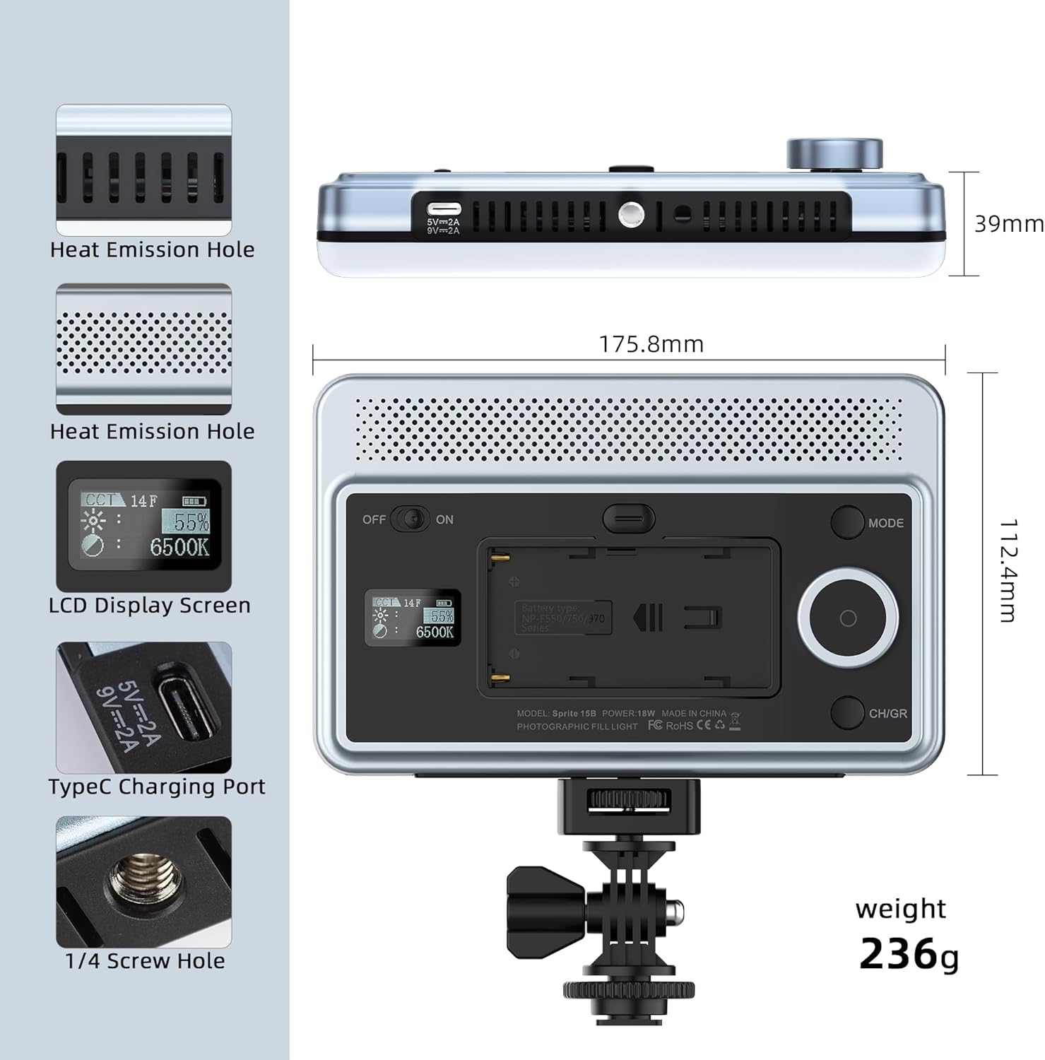 Detaye view of the VILTROX 15C RGB LED Panel Light showing dimensions, heat emission holes, LCD display, and Type-C charging port.
