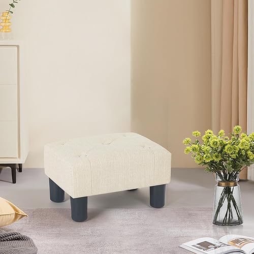 Miniatura 2 de Adeco Taburete otomano pequeño de lino de 15.4 pulgadas para reposapiés, taburete rectangular moderno con patas de plástico antideslizantes para