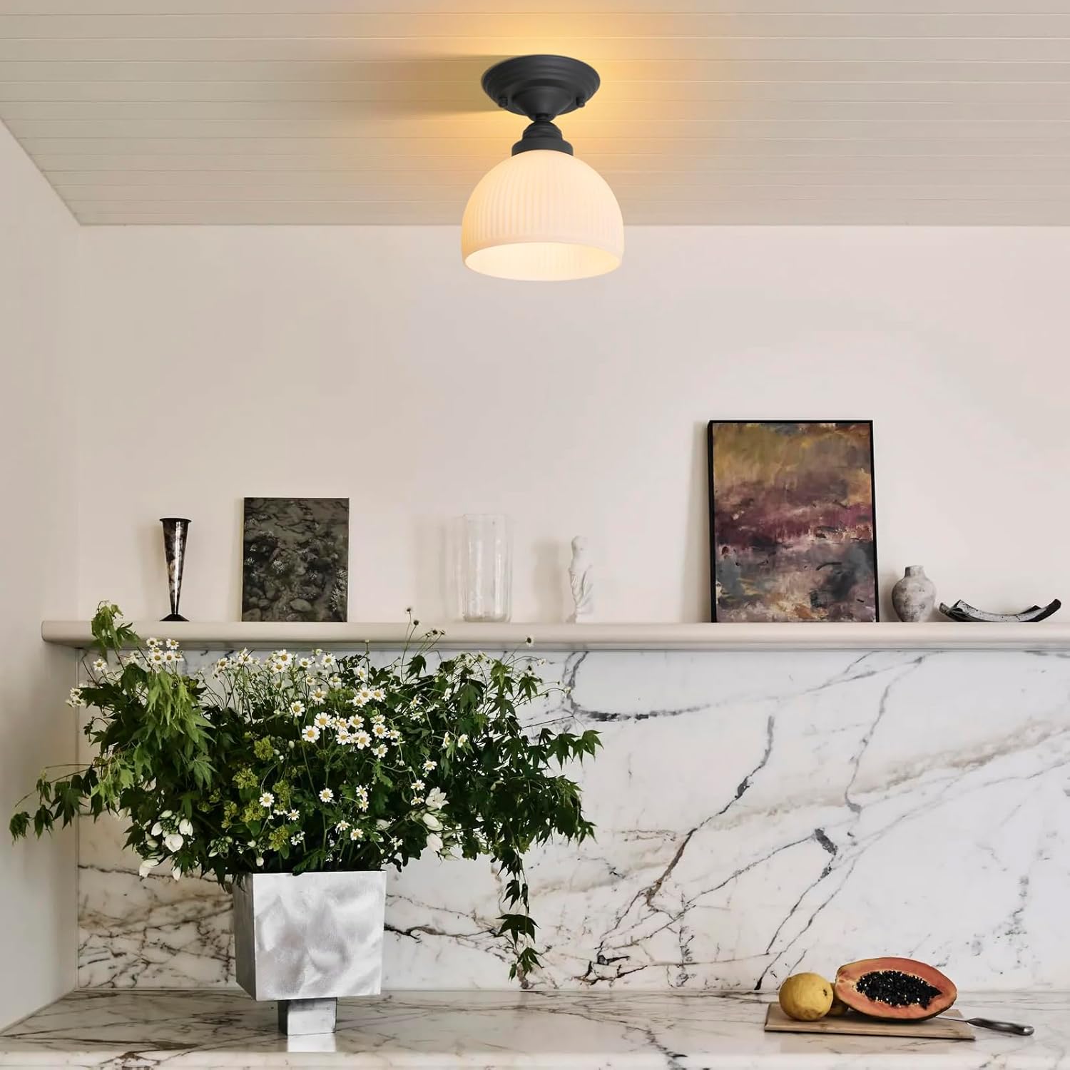 Industrial Flush Mount Ceiling Light with White Striped Globe Glass Lampshade, Vintage Glass Close to Ceiling Light Fixture for Kitchen Island Bedroom Entryway Stairwell