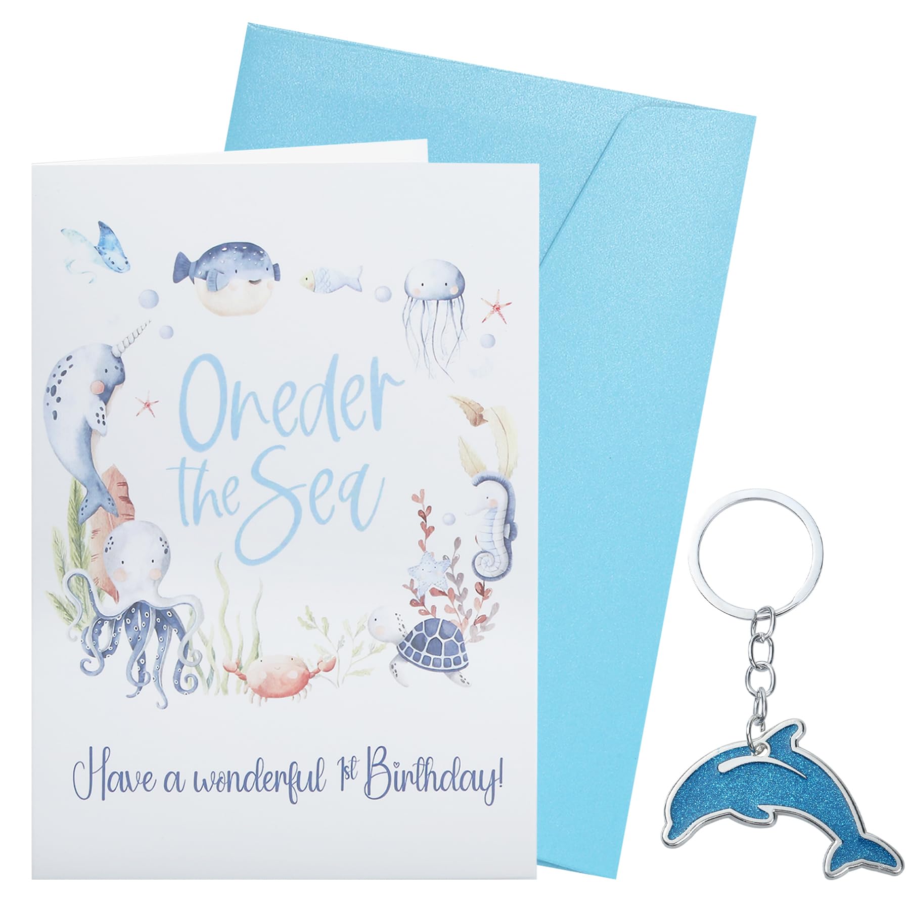 Wasise 1st Birthday Card - 1st Birthday Ocean Card and Dolphin Keychain Set, First Birthdate Cards for Boy, Dolphin Gifts, Ocean Gifts for Son Grandson Nephew