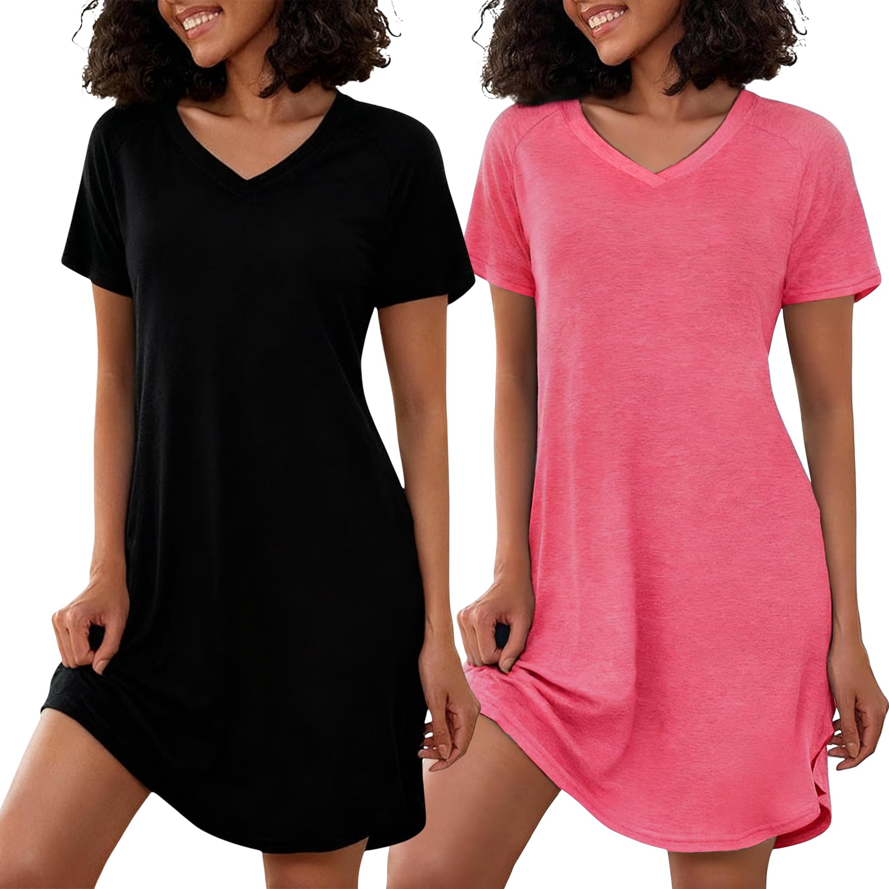Marvmys 2er Nachthemd Damen Kurzarm Baumwolle Nachtkleid Damen Sommer V Ausschnitt Schlafshirt Bequem Nachtwäsche Frauen M-4XL
