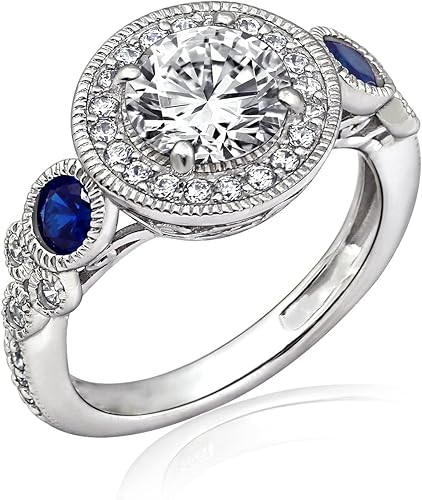 Tienda Essentials Anillo de plata de ley chapada en platino con circonita cúbica de corte redondo antiguo y zafiro creado (anteriormente colección