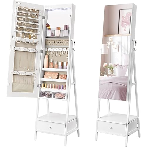 SONGMICS LED Mirror Jewelry Cabinet Standing, Lockable Jewelry Armoire with Full-Length Mirror, Space-Saving Jewelry Organizer with Mirror, Drawer and Shelf, Gift Idea, Cloud White UJJC025W01