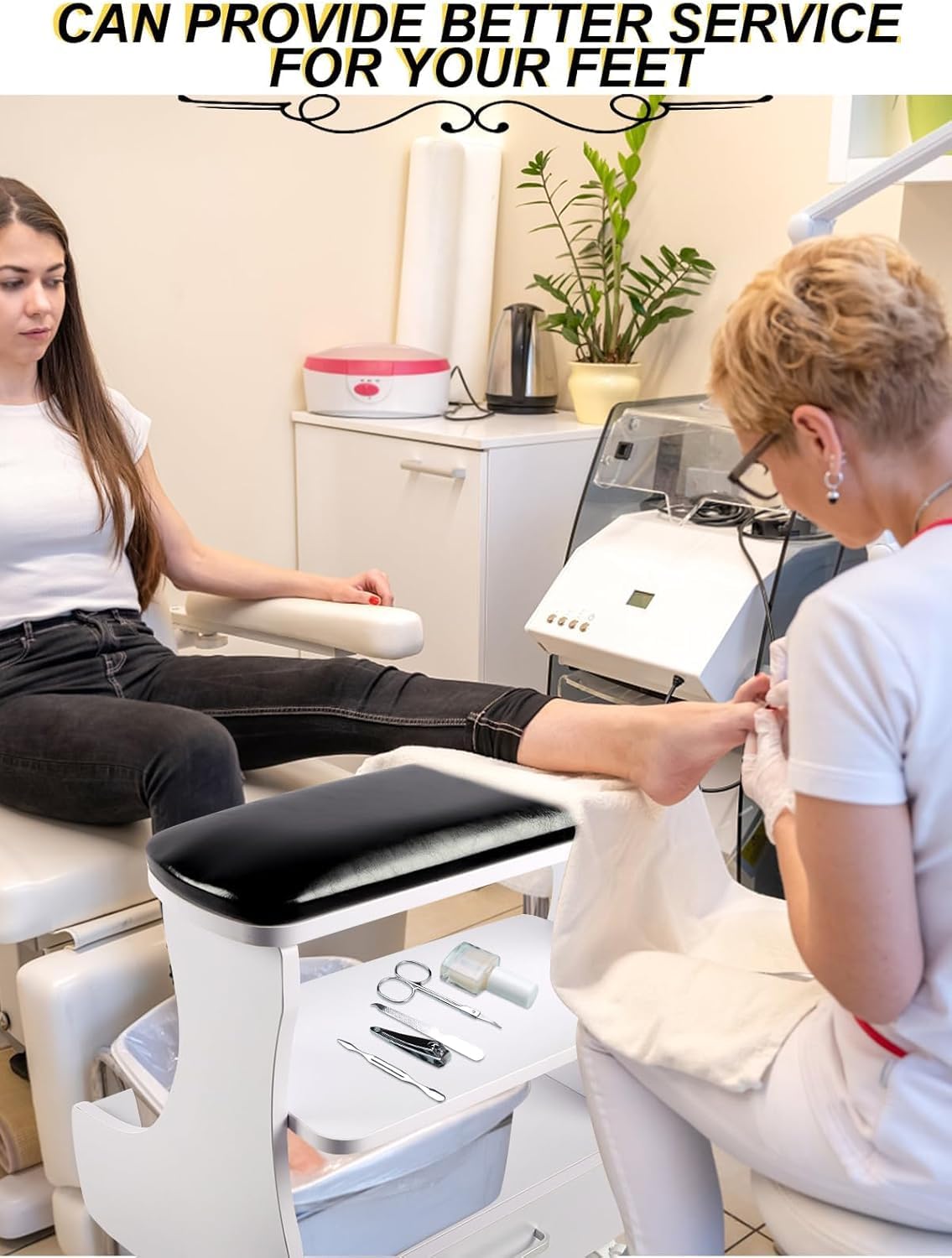 Repose pieds de pédicure à roulettes en cuir PU, tabouret de manucure mobile pour salon de beauté (noir blanc)