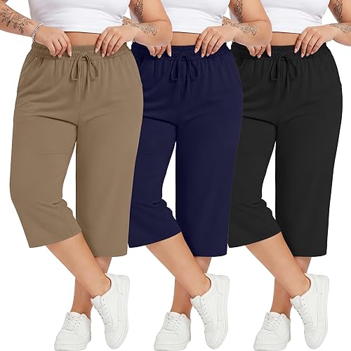 Neer 3 Pack Women's Plus Size Cotton Capris, Stretchy Wide