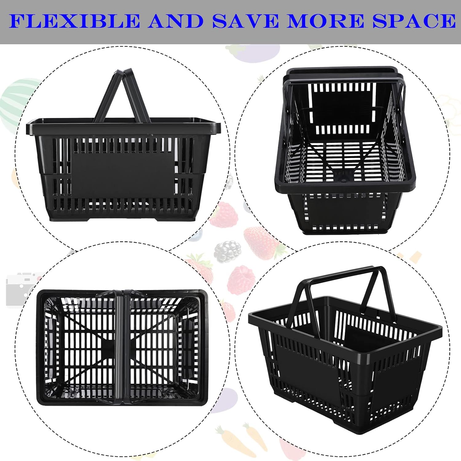 12 Pcs Shopping Baskets 20 L Plastic Store Retail Baskets with Handles 16.9 * 11.8 * 9.1 Inches for Market Grocery Supplies Thrift Convenience Storage(Black)