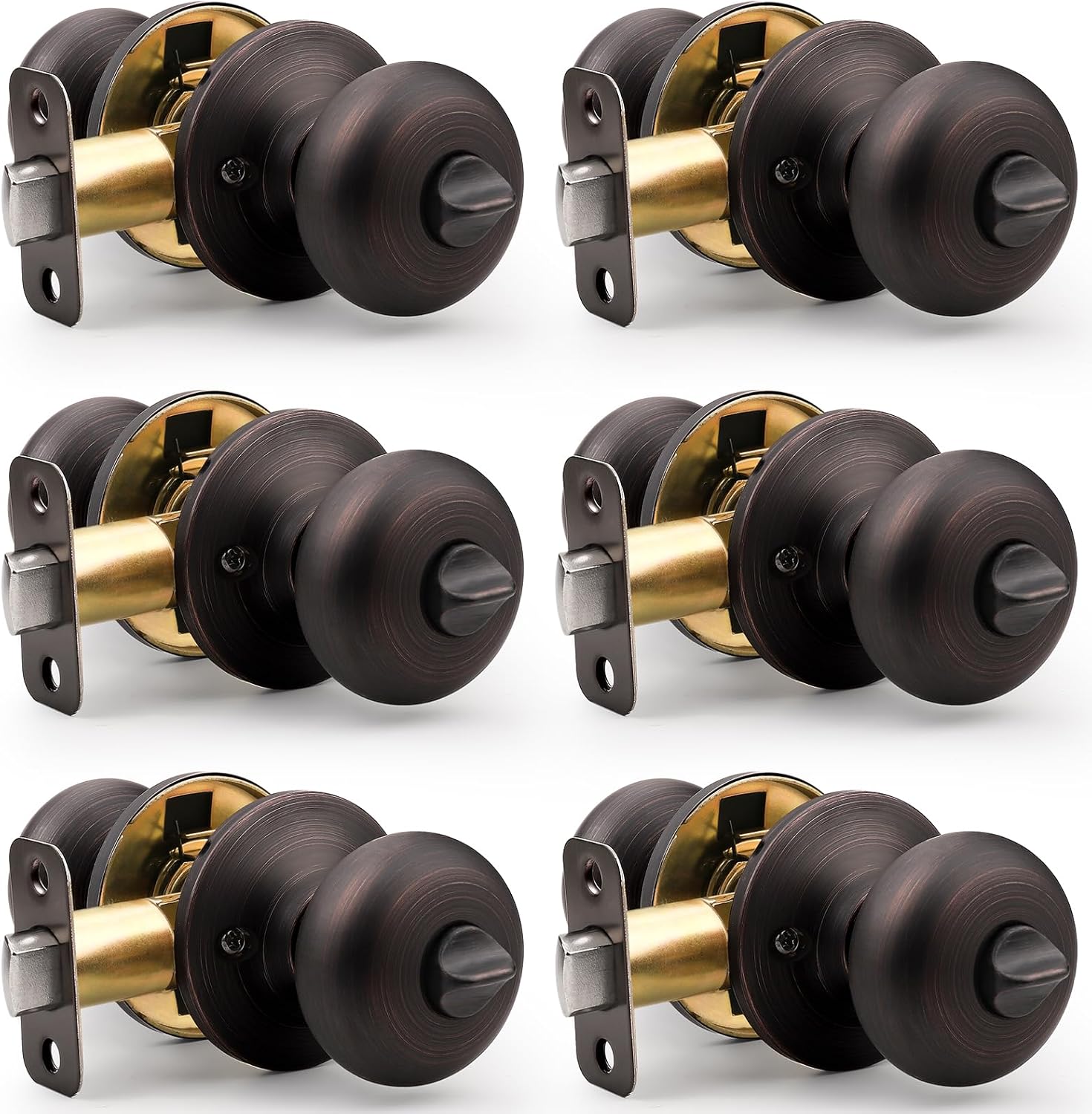 Probrico Privacy Door Knobs Interior 6 Pack, Oil Rubbed Bronze Door Knob with Lock Inside, Keyless Bedroom & Bathroom Locking Classic Round Door Knob