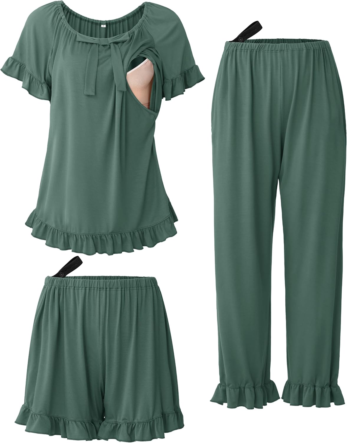 SUNNYBUY 3Pcs Ruffle Trim Postpartum Nursing Pajamas Set with Bowknot, Maternity Breastfeeding PJS Pregnancy Sleepwear