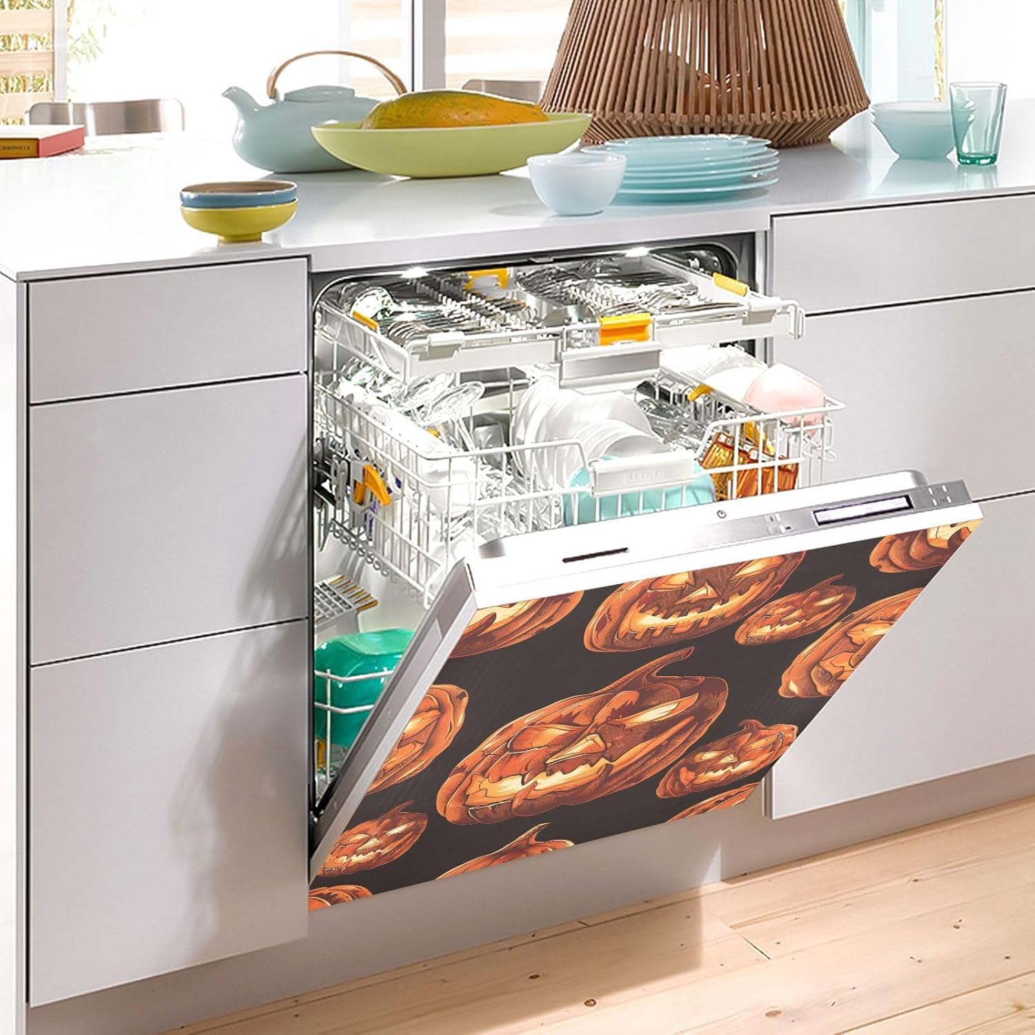 Scary Halloween Pumpkins Dishwasher Magnet Cover, 23x26 Inch Decorative Front Dishwasher Cover Sticker, Home Decoration for Kitchen Appliances