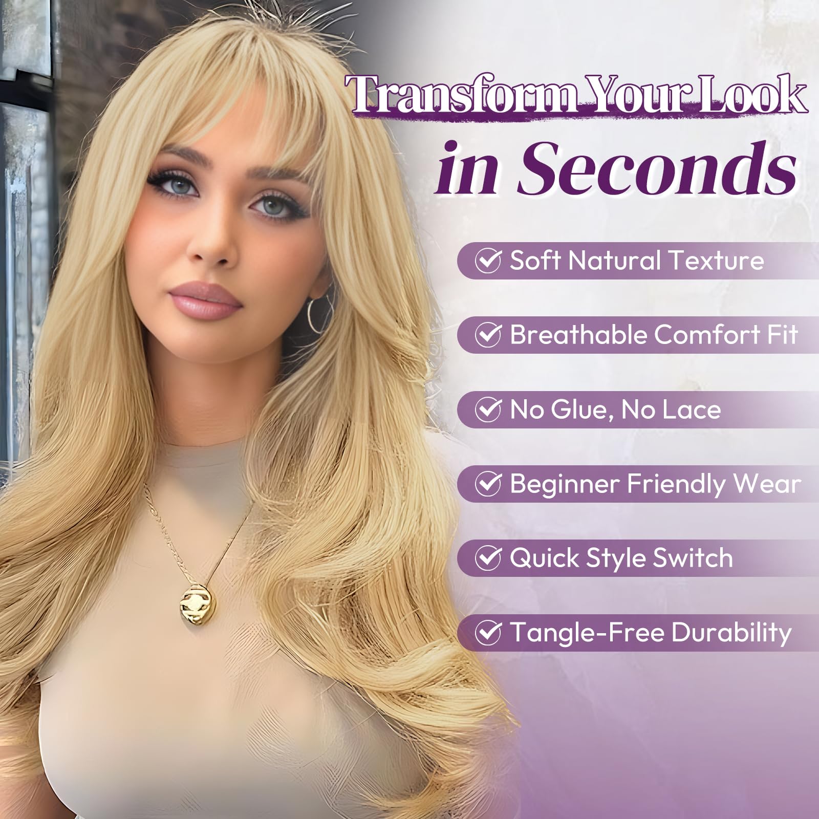 BARSDAR Beige Blond Perücke mit Pony, 50cm Layered Blond Perücke mit Bangs für Frauen Natürliches Aussehen Weiche Gewellte Synthetische Perücken Glattes Haarschnitt Fringe Tägliche Party Halloween