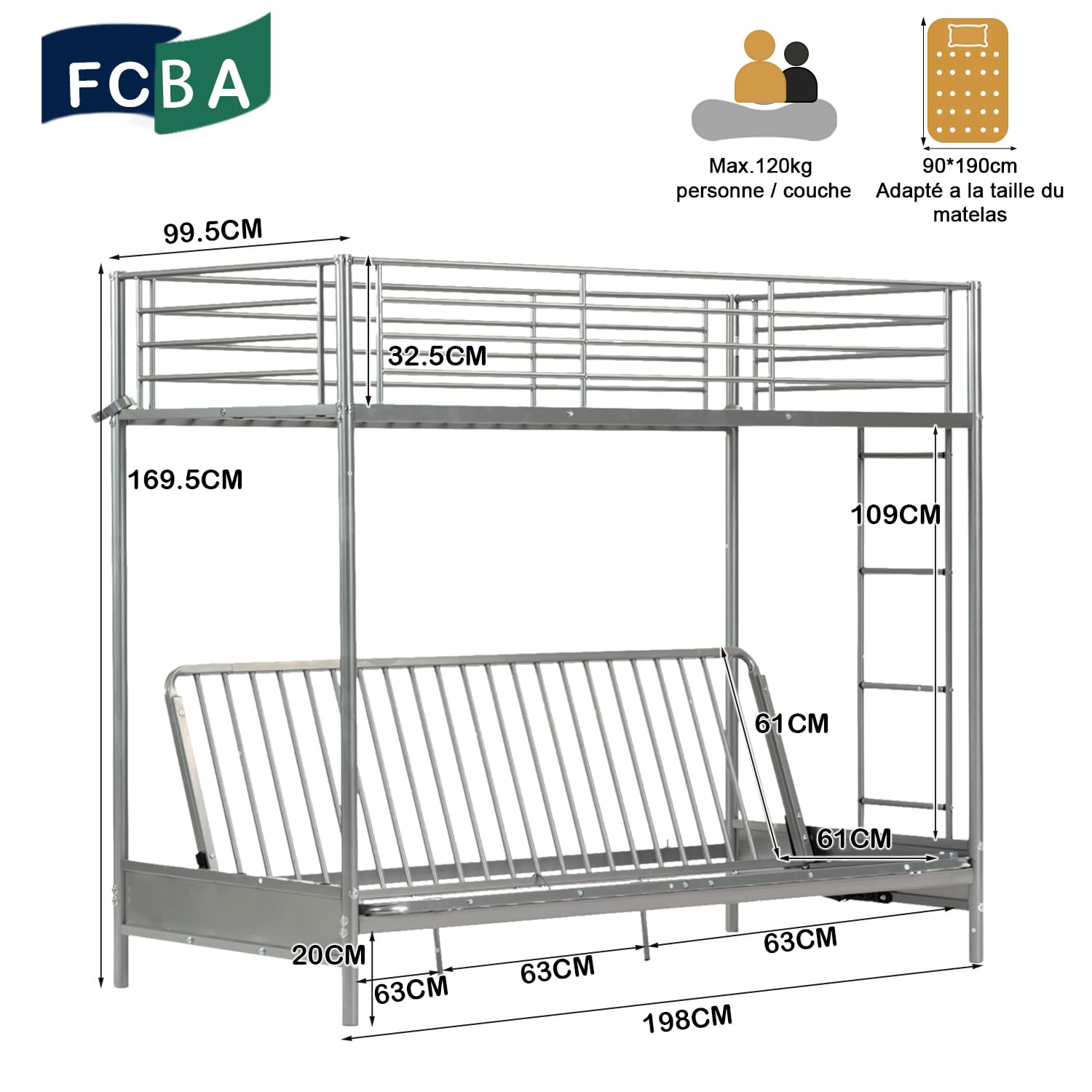 Meuble Cosy Lit superposé 90x190cm avec Banquette Convertible Canapé et Sommier à Lattes en métal, Style Industriel, pour Enfant Chambre à Coucher Maison, Gris
