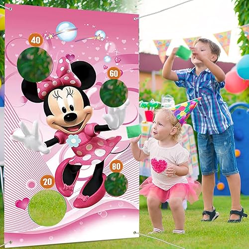 Cartel de juego de lanzamiento de ratón rosa de dibujos animados con 3 bolsas de frijoles para niñas, cumpleaños, interiores y exteriores, juegos de