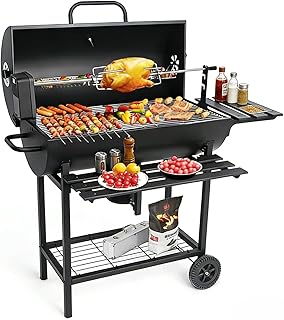 DEONG Charcoal Grill Trolley w/Shelf Side Table Wheels Built-in Thermometer