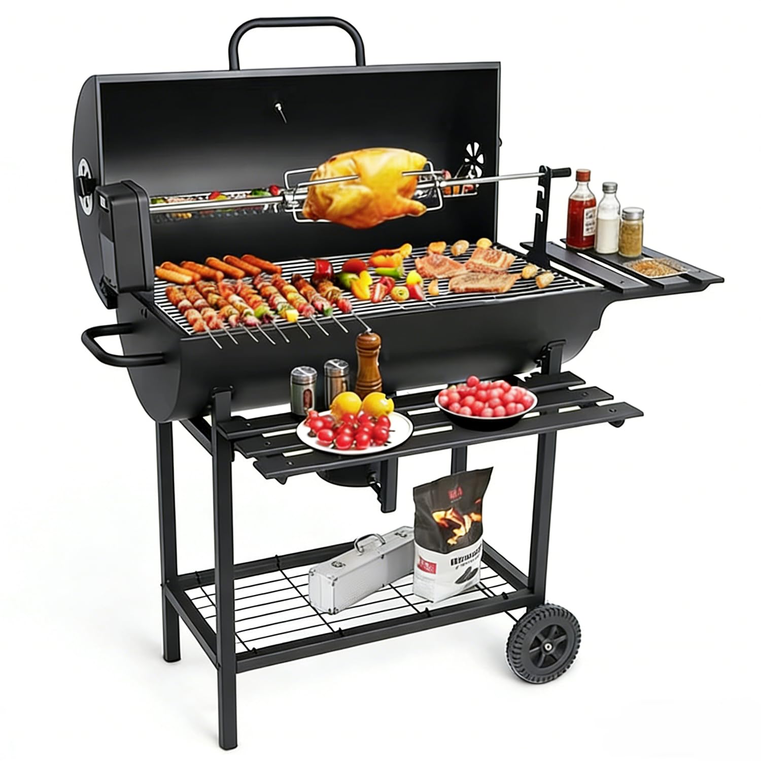 DEONG Charcoal Grill Trolley w/Shelf Side Table Wheels Built-in Thermometer, Barbecue Grill with automatic rotating grill, Suitability for Outdoor BBQ Garden Camping Balcony