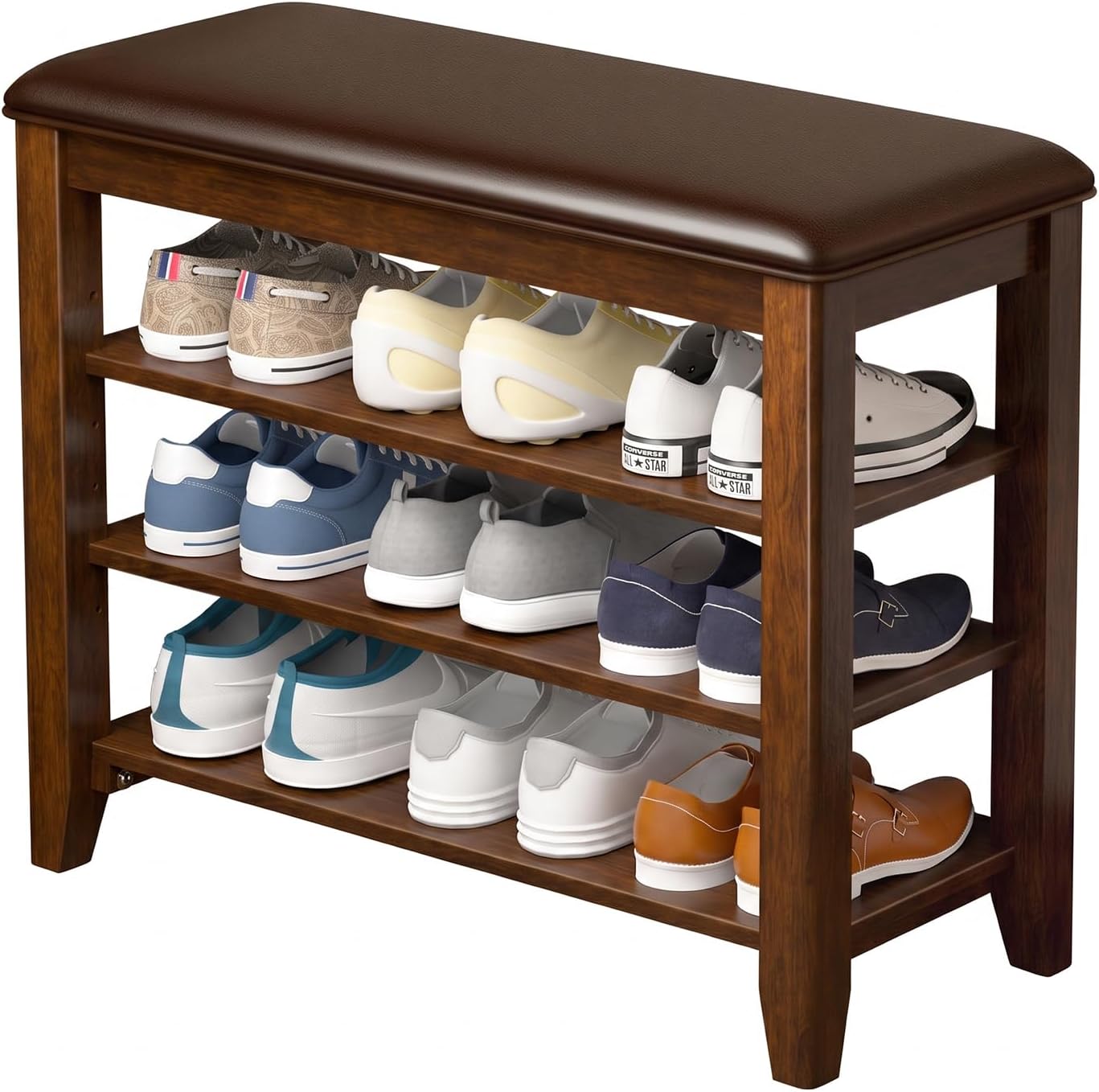 Taitiy Shoe Rack Bench for Entryway, Solid Wood, 3 Tier Adjustable Shelves